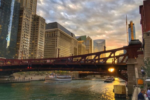 sunset on Chicago river front from pizzeria portofino patio